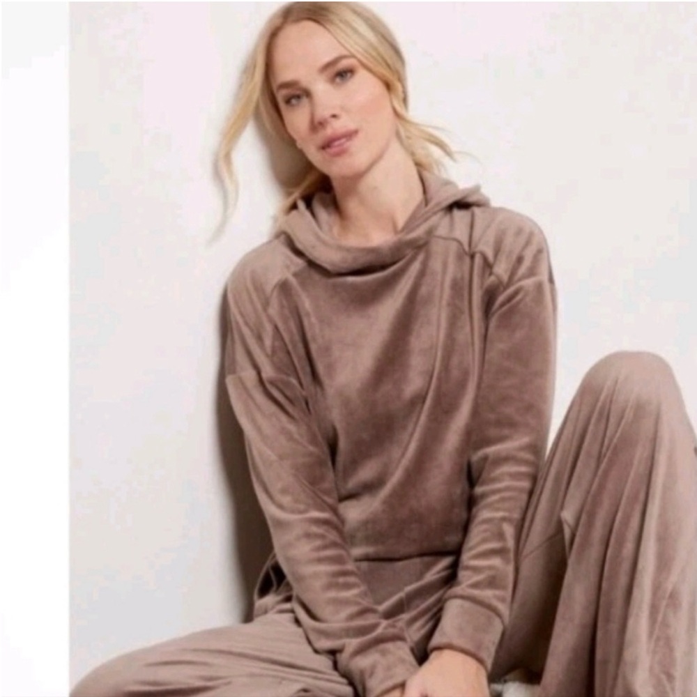 Evereve Coco Velour Cowl Neck Hoodie Pullover in Mink Brown Small NWT